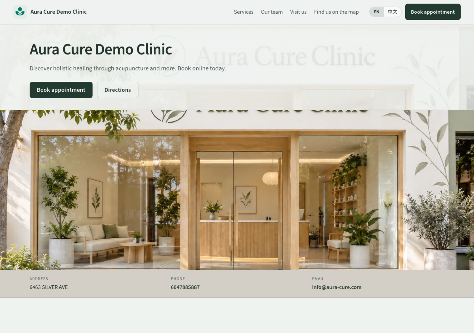 Aura Cure 데모 클리닉 데스크톱 홈페이지(예약·길찾기 포함)