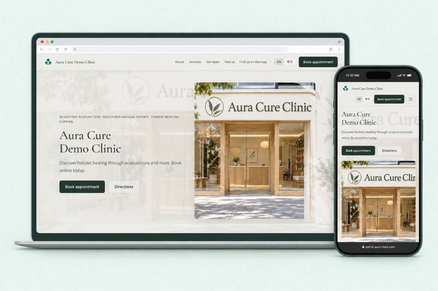 노트북과 휴대폰으로 보는 Aura Cure 데모 클리닉 웹사이트