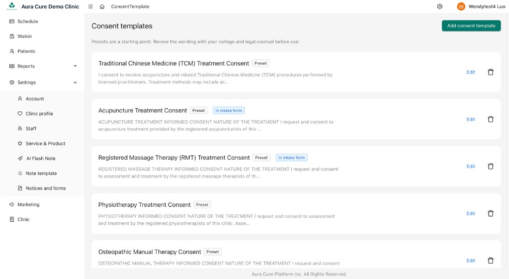 Aura Cure 设置页：同意书模板列表（中医、针灸、RMT、理疗、整骨等预设）