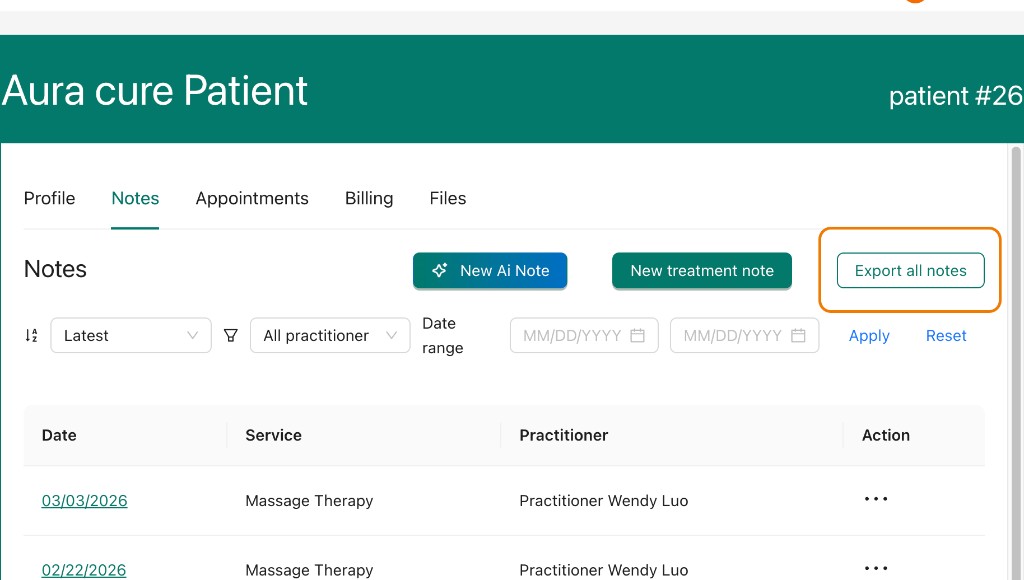 Aura Cure patient Notes tab with Export all notes button highlighted